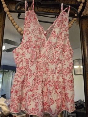 SHEIN Cream Tank Top with Pink Floral Print and Tie-Back Straps
